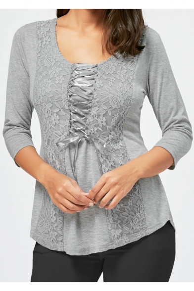 Womens Grey Solid Color Three-Quarter Sleeve Round Neck Lace-Up Front Chic Lace-Panel Fitted T-Shirt