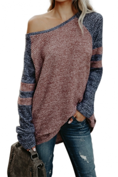 Womens New Trendy Color Block One Shoulder Long Sleeve Loose Knit T-Shirt
