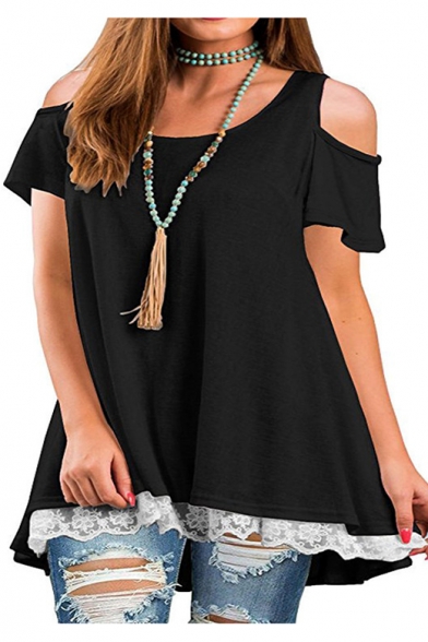 Womens Solid Color Basic Round Neck Cold Shoulder Short Sleeve Lace-Trim Loose Casual T-Shirt