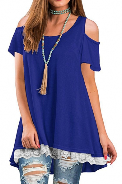 Womens Solid Color Basic Round Neck Cold Shoulder Short Sleeve Lace-Trim Loose Casual T-Shirt