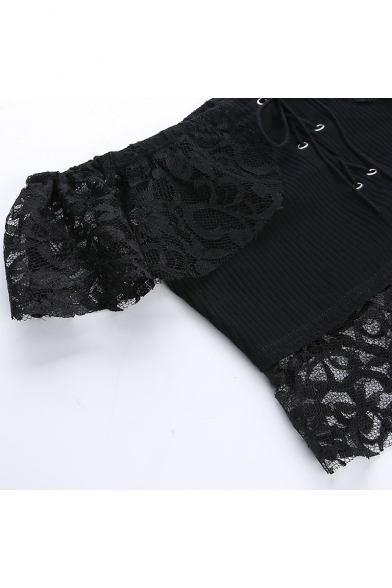 Womens Summer Sexy Black Lace Trimmed Off the Shoulder Drawstring Front Cropped T-Shirt