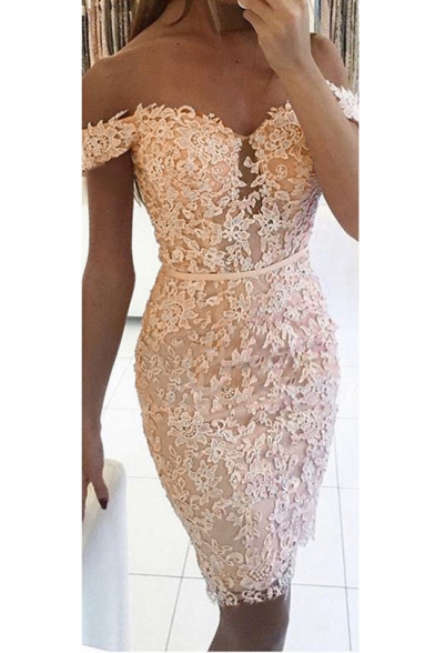 Womens Unique Off the Shoulder Water-Soluble Lace Slim Fit Midi Prom Dress