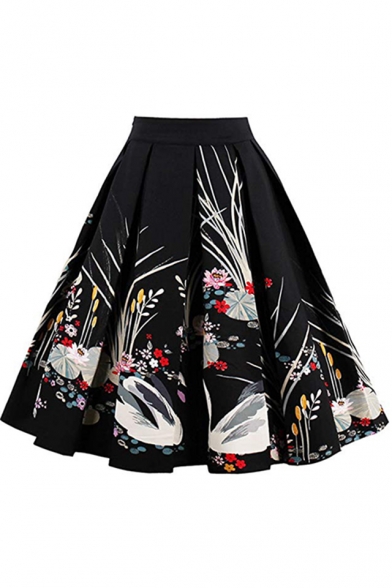 Womens Vintage Floral Pattern Crinkled Midi A-Line Pleated Swing Skirt