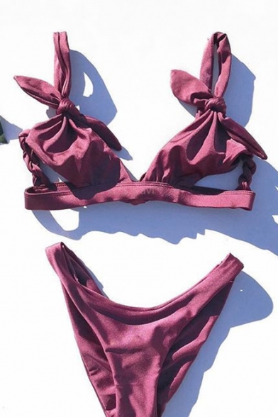 Burgundy Bow Front Hollow Out Spaghetti Straps Sleeveless Bikini