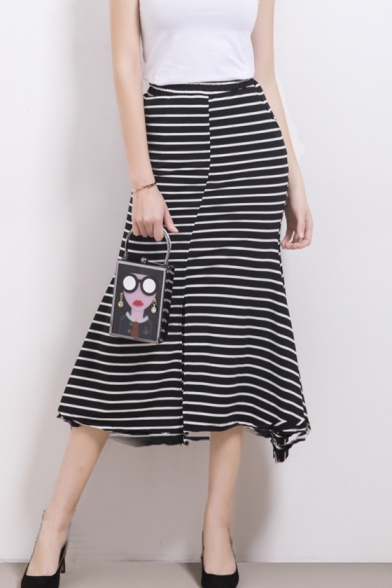 Classic Black Striped Printed High Rise Midi Fishtail Skirt with Pocket