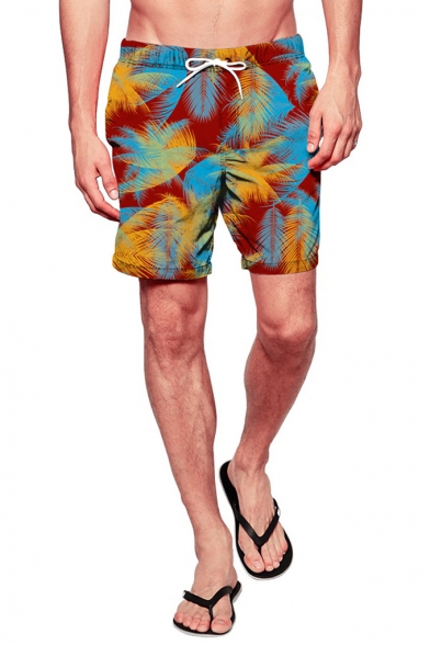 Cool Drawstring Men's Red Tropical Leaf Print Swim Shorts Trunks with Mesh Lining