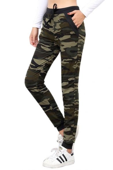 Cool Fashion Army Green Camo Printed Drawstring Waist Slim Fit Trousers Pants for Women