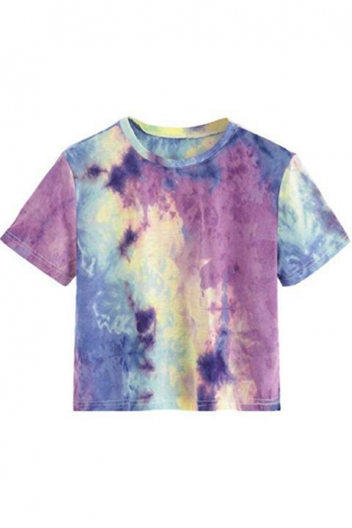 Cool Fashion Purple Ombre Tie Dye Basic Short Sleeve Cropped T-Shirt