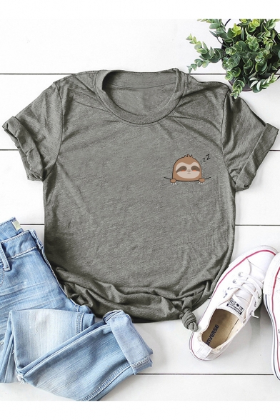 Cute Cartoon Sleeping Sloth Printed Round Neck Short Sleeve Cotton Loose T-Shirt