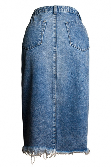 Fashion Blue High Rise Slit Front Frayed Hem Midi Asymmetrical Denim Skirt