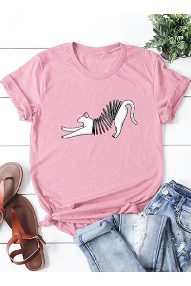Funny Creative Spring Cat Printed Basic Round Neck Short Sleeve Cotton T-Shirt