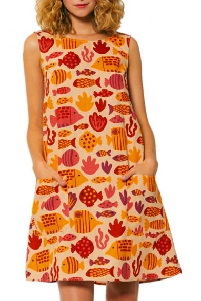 Girls Summer Lovely Cartoon Printed Round Neck Sleeveless Mini Tank Line Dress