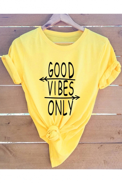 GOOD VIBES Arrow Letter Printed Round Neck Short Sleeve Relaxed Cotton Tee