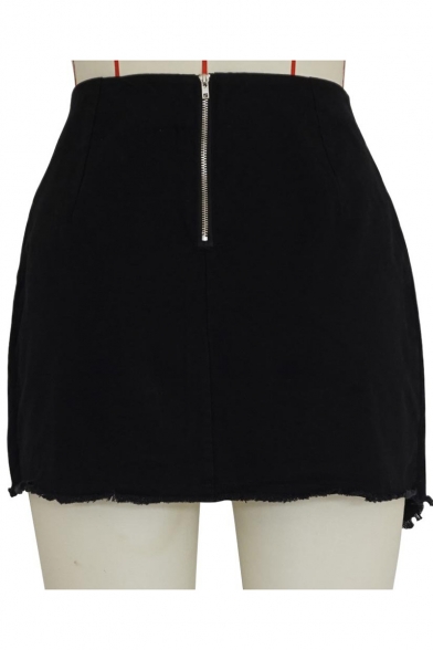 Hot Fashion Solid Color Unique Lace-Up Side Fringed Hem Mini Asymmetrical Skirt