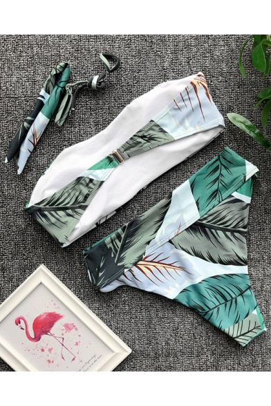 Leaf Printed Sleeveless Strapless Bow Front Green High Waist Bottom Bikini