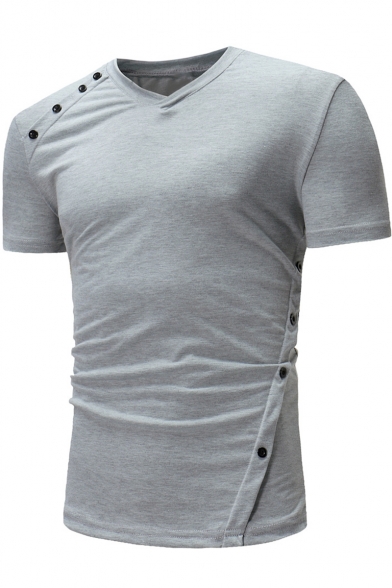 Men's Unique Plain V-Neck Short Sleeve Casual Button Side T-Shirt