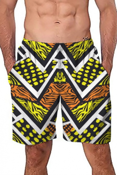 Mens New Fashion Yellow Geometric Printed Summer Beach Swim Trunks