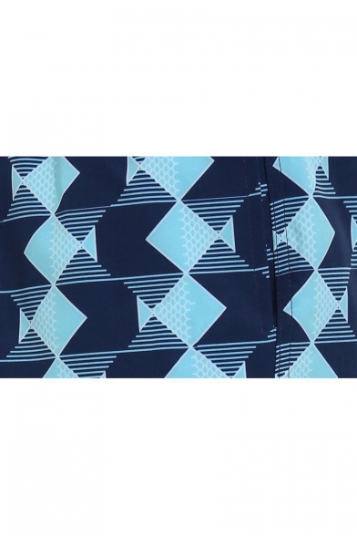 Mens Trendy Blue Geometric Printed Drawstring Waist Loose Casual Beach Swim Board Shorts