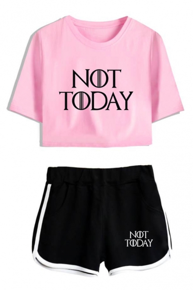 New Fashion Letter NOT TODAY Short Sleeve Cropped Tee Sport Shorts Two-Piece Set Co-ords