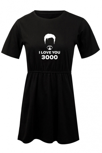 New Popular Round Neck Short Sleeve Figure Letter I Love You 3000 Mini A-Line Dress