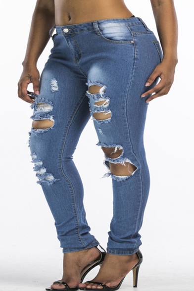 New Stylish Distressed Ripped Womens Blue Skinny Fit Jeans
