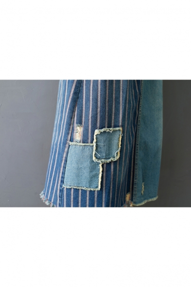 New Stylish Drawstring Waist Stripe Patchwork Midi Blue A-Line Denim Skirt for Girls