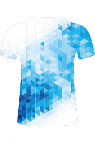 New Trendy 3D Geometric Ombre Printed Basic Round Neck Short Sleeve Casual Light Blue T-Shirt