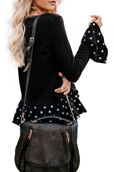 New Trendy Black Polka Dot Ruffled Patched Long Sleeve Fitted T-Shirt