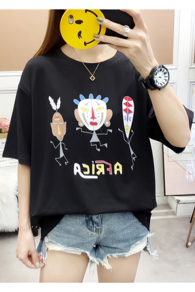 New Trendy Funny Cartoon Printed Round Neck Short Sleeve Tee For Girls