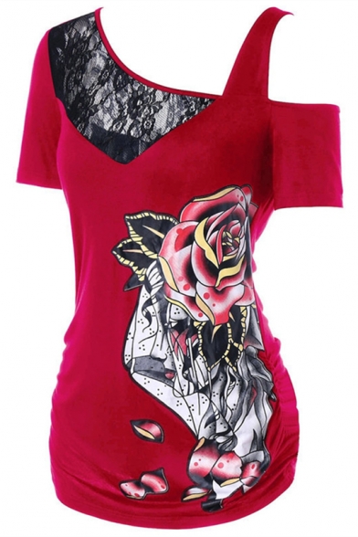 New Trendy Rose Floral Print Lace-Panel Cold Shoulder Slim Fit T-Shirt for Women