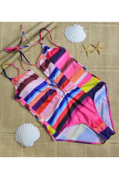 New Trendy Women's Colorful Striped Printed Sexy Cut Out One Piece Swimsuit Swimwear