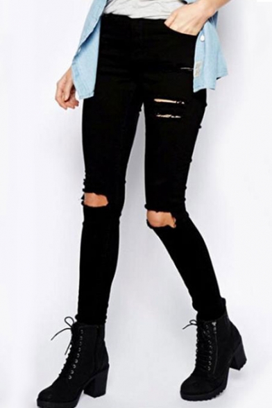 Popular Fashion Destroyed Knee Hole Black Slim Fit Ripped Jeans