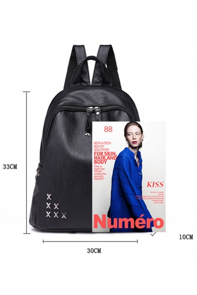 Simple Fashion Plain Rivet Embellishment PU Leather Zipper Backpack 30*10*33 CM