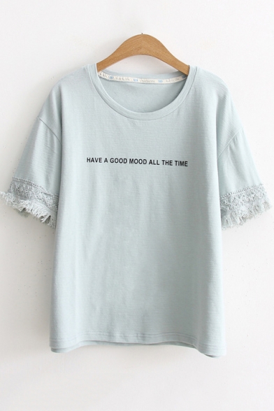 Simple Letter HAVE A GOOD MOOD ALL THE TIME Fringed Hem Short Sleeve Cotton Tee