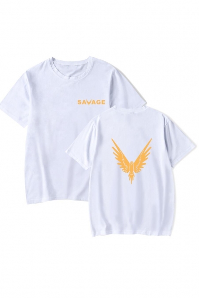 Simple Letter SAVAGE Bird Printed Basic Round Neck Short Sleeve Casual Tee