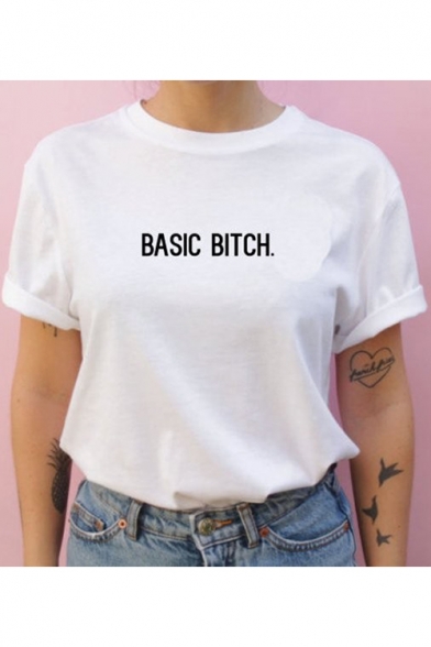 Street Style Simple Letter Basic Bitch Short Sleeve White Tee
