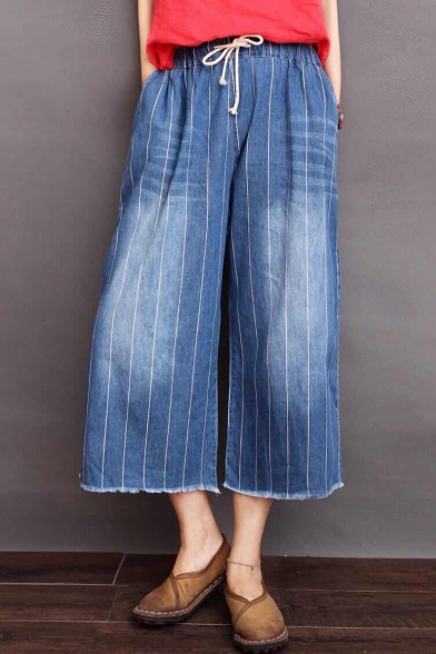 Stylish Vertical Stripe Printed Washed Cotton Drawstring Waist Capri Wide-Leg Pants Jeans