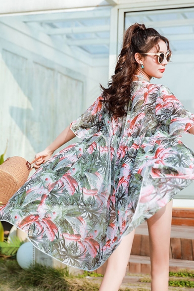 Summer Beach Fashion Tropical Leaf Printed Chiffon Coat Three-Piece Bikini Swimwear