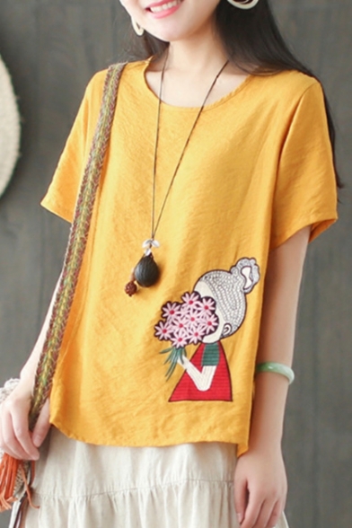 Summer Cartoon Flower Girl Embroidery Round Neck Casual Relaxed T-Shirt