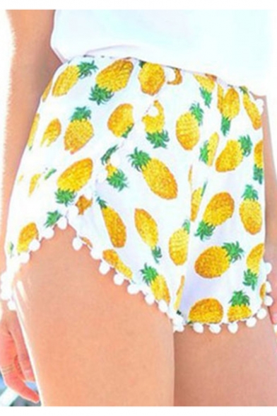 Summer Cute Allover Yellow Pineapple Printed Pompom Hem Dolphin Shorts