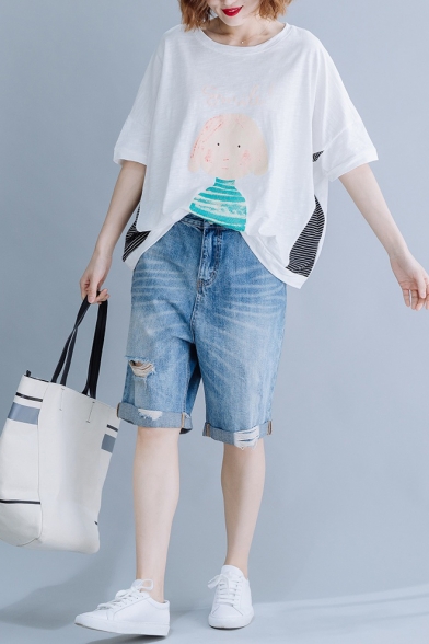 Summer Cute Cartoon Girl Printed Round Neck Womens Plus Size White Cotton Loose Tee
