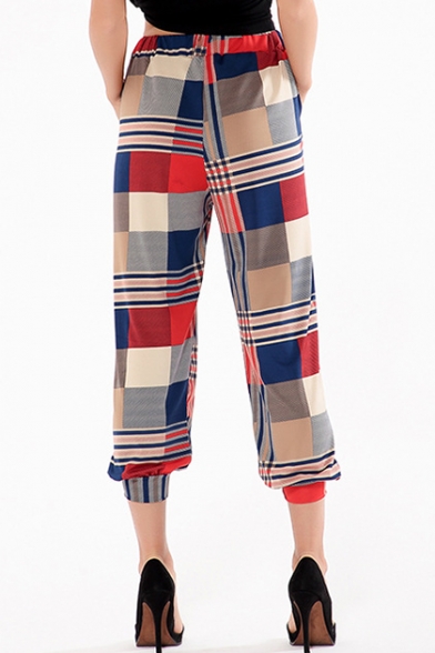 Summer Fashion Colorblock Plaid Printed Elastic Waist Casual Cropped Bloomers Pants for Women