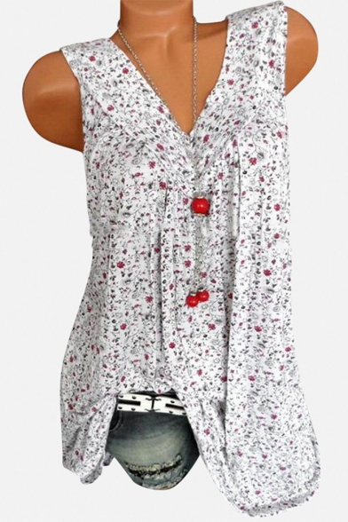 Summer Fashion Floral Printed Sleeveless V-Neck Tank Blouse Top