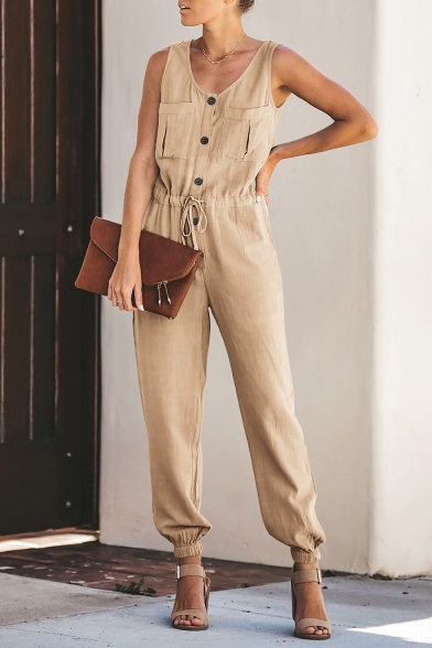 Summer Holiday Fashion Plain Sexy V-Neck Drawstring Waist Button Front Pants Jumpsuits For Women