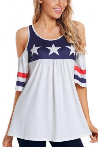 

Summer Hot Fashion Trendy Stars Print Stripes Cold Shoulder Round Neck Tee, LM524171