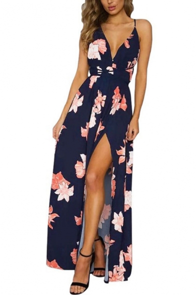 Summer Navy Floral Printed Sexy V-Neck Open Back Split Side Maxi Holiday Beach Slip Dress
