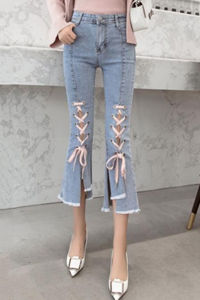 Summer New Fashion Lace-Up Raw Edge Blue Flared Jeans Capri Jeans for Women