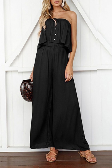 Summer Simple Solid Color Bandeau Top Button Front Sleeveless Wide-Leg Jumpsuits