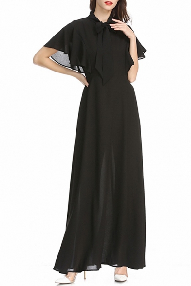 Summer Solid Color Chic Bow-Tied Collar Maxi Holiday Chiffon Dress for Women