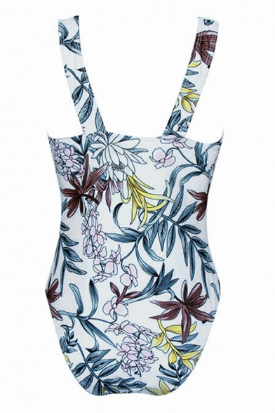 Summer Tropical Leaf Floral Printed Square Neck Womens One Piece Swimsuit